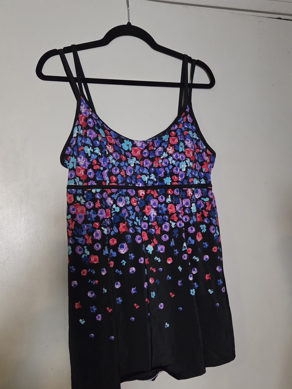 New Size 16 Floral Black SwimDress with Pink, Purple & Blue Bloom Print